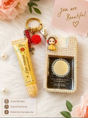 Handmade princess Belle Lip Gloss & Hand Sanitizer Keychain Set